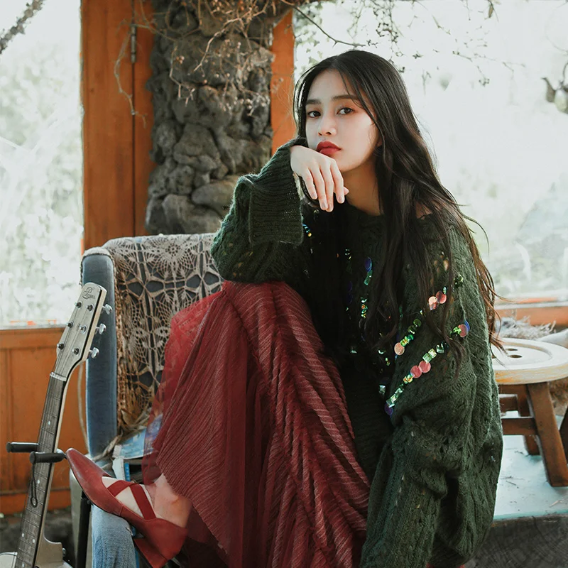 Осень, женский корейский стиль, винтажный вязаный свитер большого размера с дырками, повседневный свободный, sueter feminino jersey mujer ropa