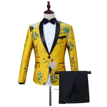 Модный мужской повседневный костюм, набор, тонкий нагрудный инкрустированный журавль, украшенный вышивкой, желтый деловой костюм, вечерние банкетные костюмы(пиджак+ брюки