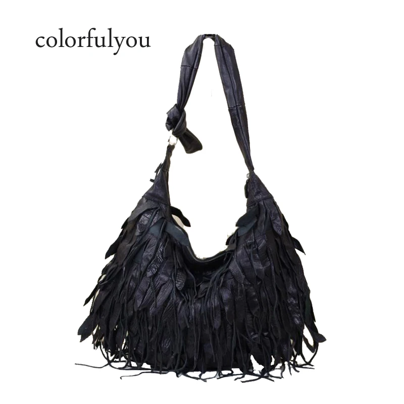 

NEW Genuine Leather Women Handbag Black Tassel Bags 100% Sheepskin Shoulder Bag for Ladies Casual Larger Capacity Crossbody Bags