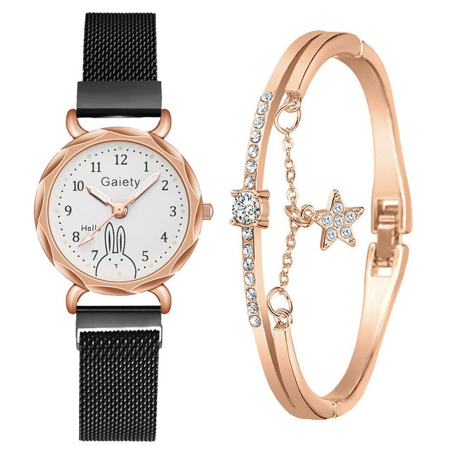 Brand 2pcs Set Casual Watch For Women Rhinestone Bracelet Watch Leather Ladies Wrist Clock Simple Dress Gfit Montre Femme