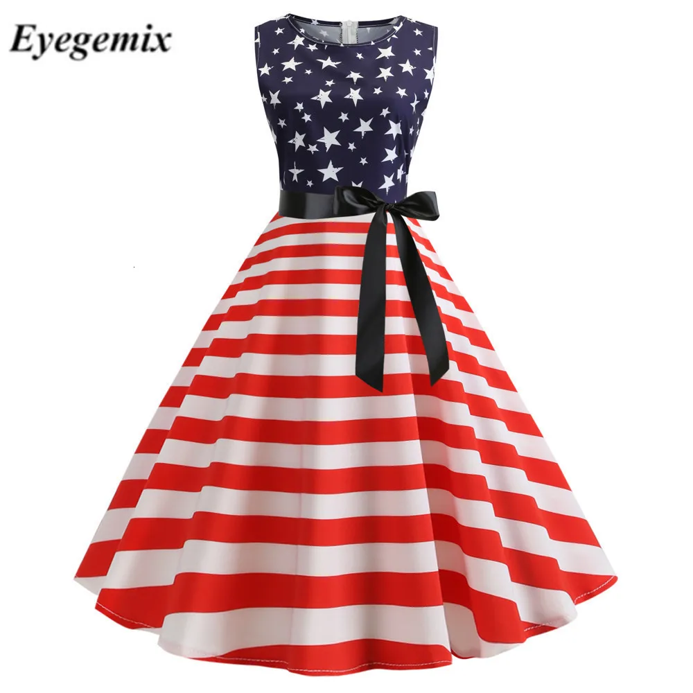 

Women Summer Print A-line Party Dress Sleeveless Robe Vintage Pin Up Swing 1950s 60s Retro Rockabilly Independence Day Dresses