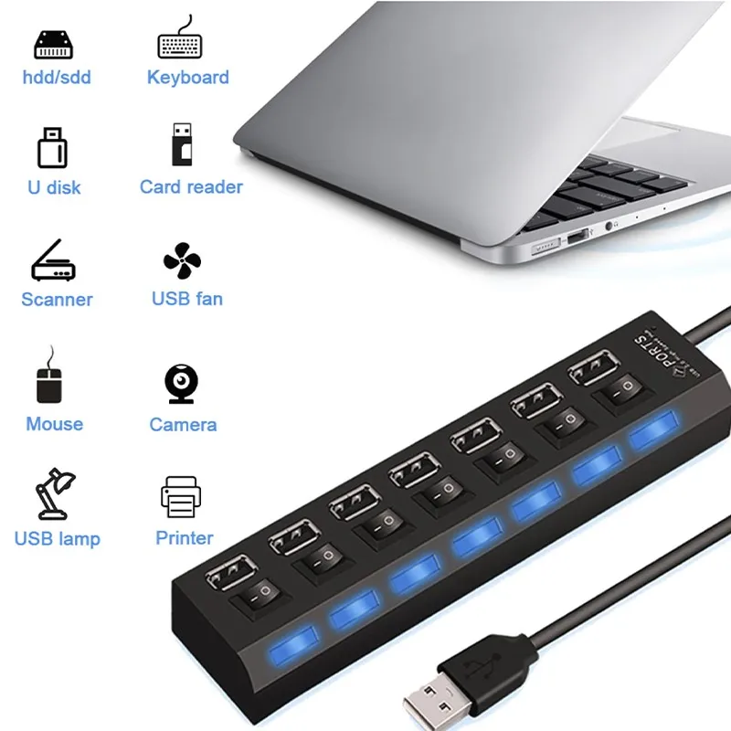 7 Ports usb hub LED USB High Speed 480 Mbps Adapter USB Hub With Power on off Switch For PC Laptop Computer PC Laptop With ON/OF 7 Ports usb hub LED USB High Speed 480 Mbps Adapter USB Hub With Power on off Switch For PC Laptop Computer PC Laptop With ON/OF