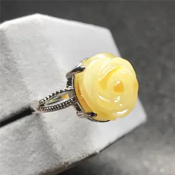 

15x14mm Top Natural Flower Carved Yellow Amber Ring For Woman Man Crystal Silver Beads Gemstone Adjustable Ring Jewelry AAAAA