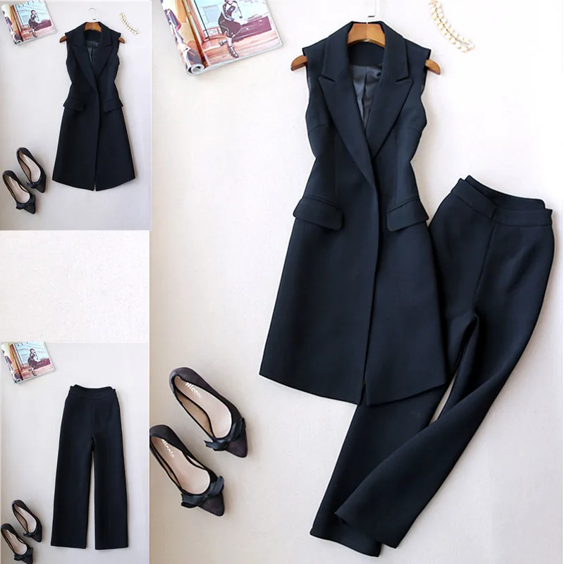 

Spring and Autumn New Korean version of the long vest jacket fashion suit nine points wide leg pants suit two sets of tide Women