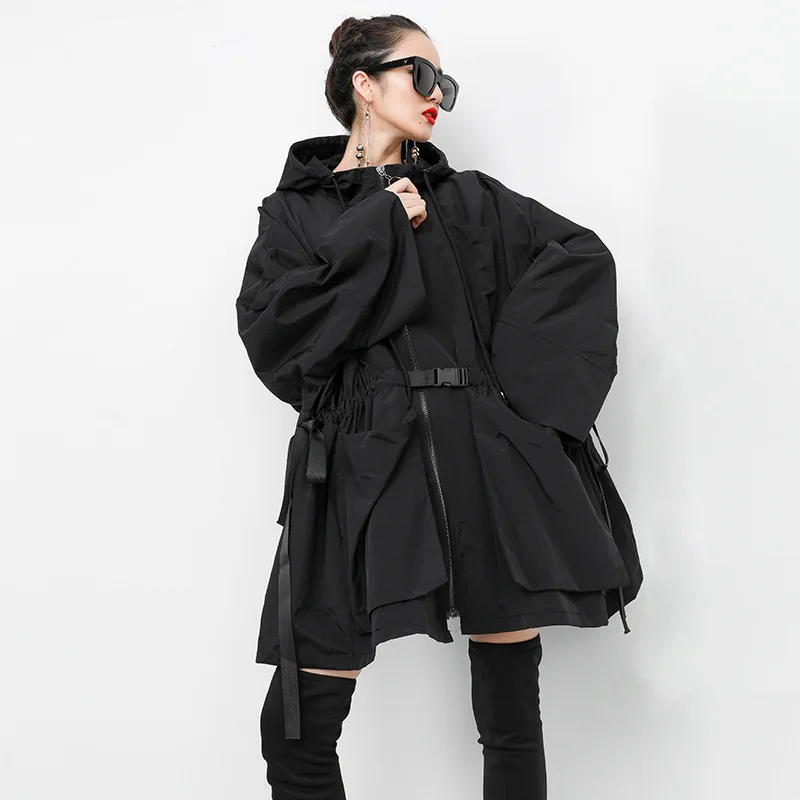 

Plus Size 2019 New Autumn Winter Hooded Trench Coat Women Big Size Windbreaker with Adjustable Belt Slim Hiphop Coat SA063S30