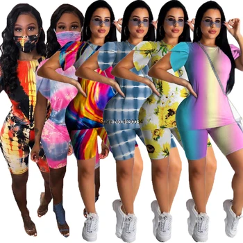 

Women Two Pieces Sets Summer Tracksuits Short Sleeve Print Tee Tops+ Shorts Leggings Suit Sporty Fitness Beach 2 Piece Outfits