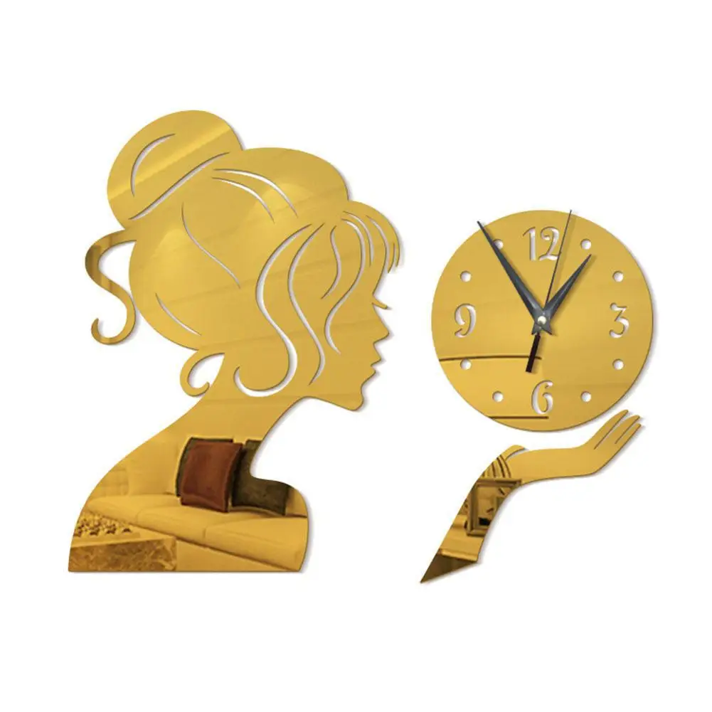 DIY мода современная девушка форма немой зеркальной поверхности акриловые настенные часы стикер для внутреннего декора