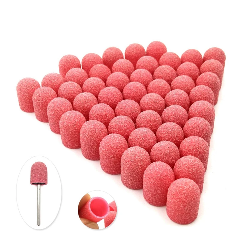 HTHL-50Pcs Plastic Base Pink Sanding Caps With Grip Pedicure Care Polishing Sand Block Drill Accessories Foot Cuticle Tool 10x