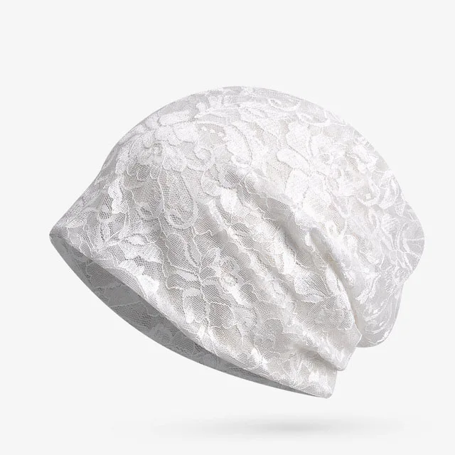 white Весна лето женские шапки Skullies тонкие кружевные конский хвост Шапочка-тюрбан шляпа для беременных женщин сплошной цвет жаккард шляпа шейный шарф - Цвет: white