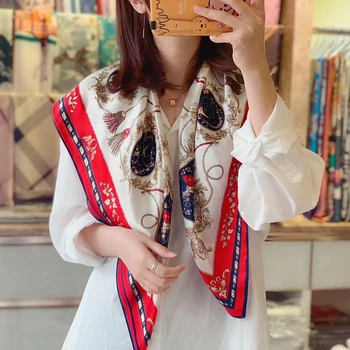 

women silk scarf large square luxury brand navy chain scarves fashion satin shawl and wraps ladies vintage foulard 34"x 34"