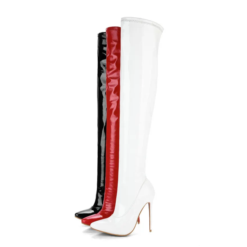 ENMAYER/ г. Классические сапоги выше колена зимняя обувь из лакированной кожи с острым носком на тонком каблуке Модные женские ботфорты 34-43