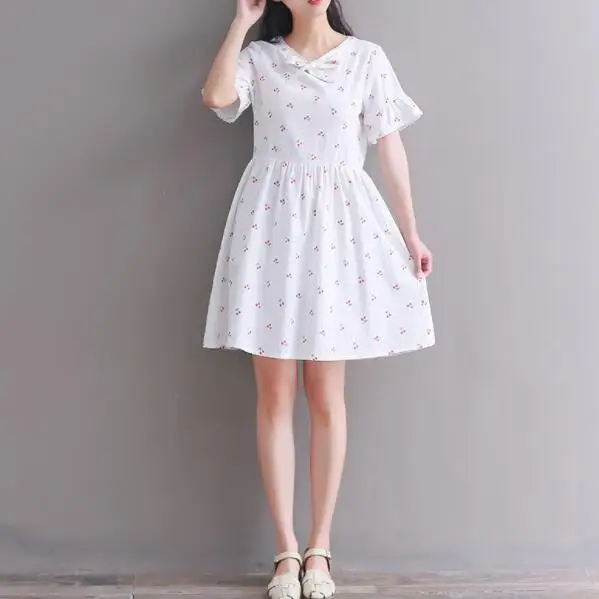 

Mori Girl Summer Women Chic Short Dress V-neck Cherry Printed Female Elbise Cotton Linen Elegant Kawaii Dress Vestidos DV920