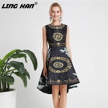 

LINGHAN Autumn Designer Dresses Women's High Quality Indie Fork Printed Beading Diamond Jacquard Retro Dovetail Robe Femme Ete