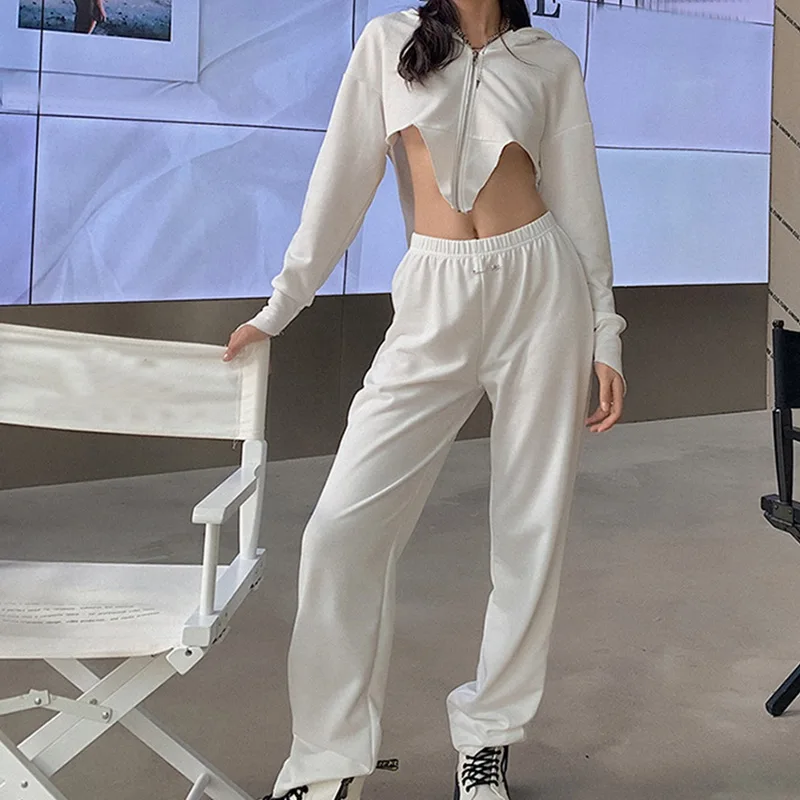 

2020 New Women Two Piece Set Zipper Crop Tops and Pants Hip Hop Club Outfit Panelled 2 Piece Set Tracksuit Women Joggers Suit