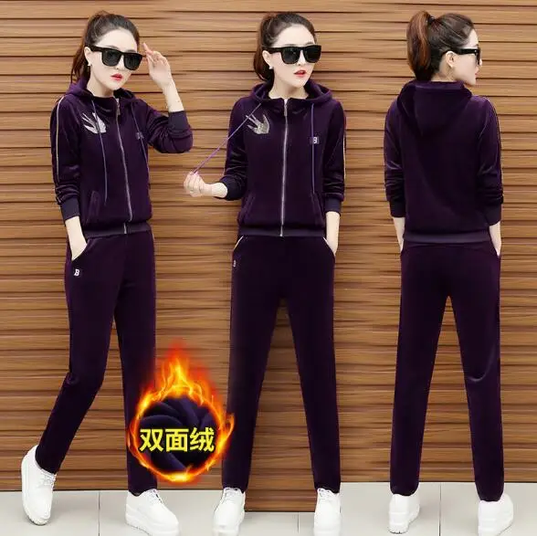 

Spring Crown printed Women Sporting Suit Hooded Sweatshirt+Pant Velvet Sweatsuit Two Piece Set Tracksuits For Women Clothing