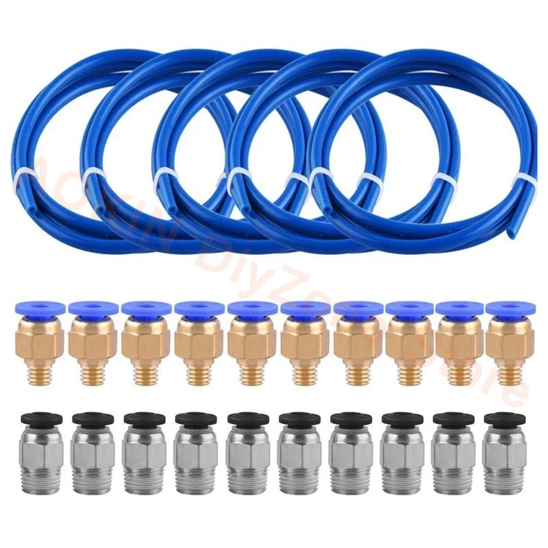 Aokin 5PCS Tube Blue PTFE Tubing (1M) with 10pcs C4-M6 & 10pcs PC4-M10 Fitting Connector for 3D Printer 1.75mm Filament