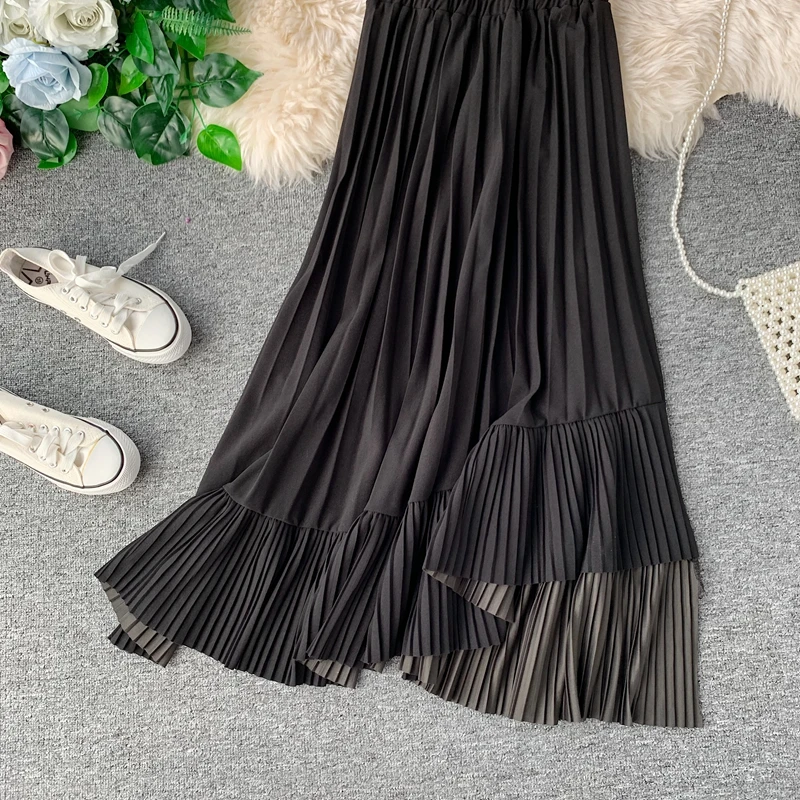 Fashion Elegant Ruffle High Waist Pleated Skirt Women Autumn Winter Irregular Harajuku Skirt Ladies Long Skirt