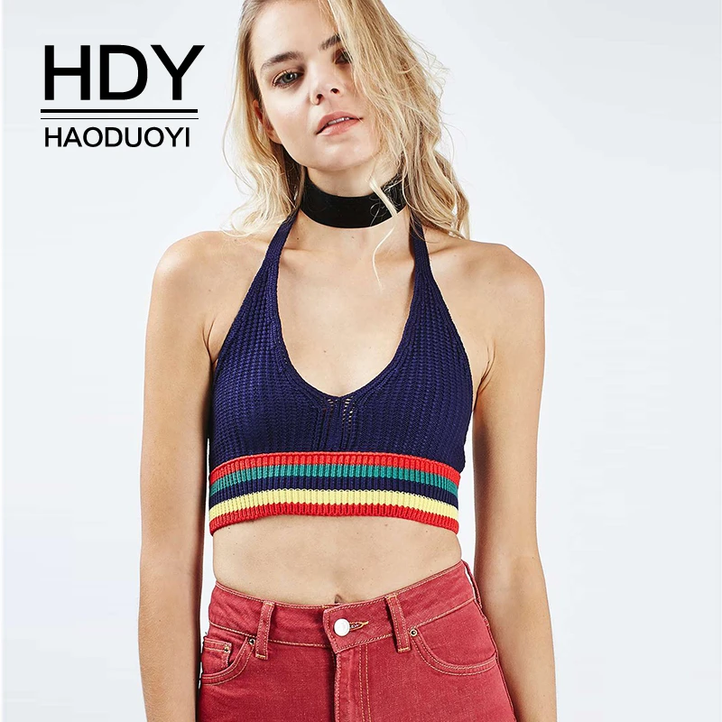 

HDY Haoduoyi 2019 Fashion Halter Tops Sleeveless Midriff Lace-up Soft Sweet Autumn Super Short Sweater Top