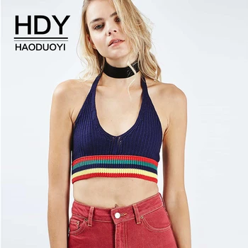 

HDY Haoduoyi 2019 Fashion Halter Tops Sleeveless Midriff Lace-up Soft Sweet Autumn Super Short Sweater Top
