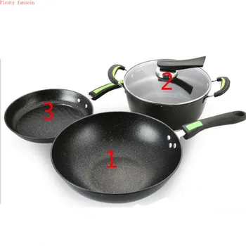 

3 pieces set New style stick frying pan flat bottom Soup pot non-stick fashion wheat rice stone iron kitchen ware cookware tools