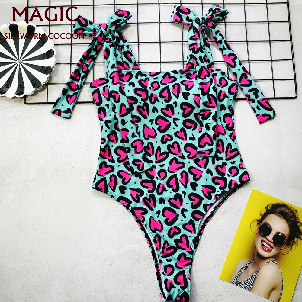 

New Women One Piece Swimsuit Pink Love Printed Swimwear Ruffle Lace Up Beachwear Monokini Push Up Bodysuit Bain Bathing Suit