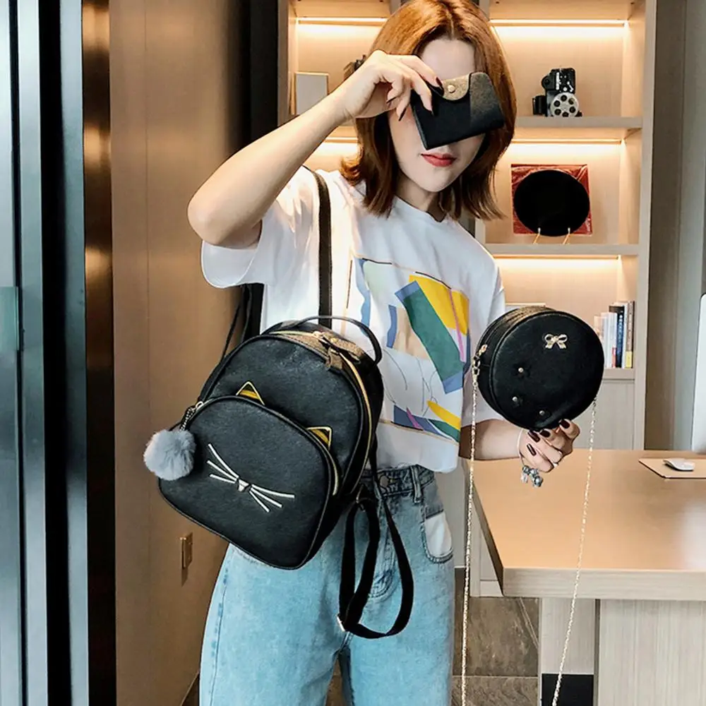  3Pcs/set Women Rucksack Teenagers Travel Backpack PU Leather School Bags for Girls Cartoon Cat Squa - 32969405289