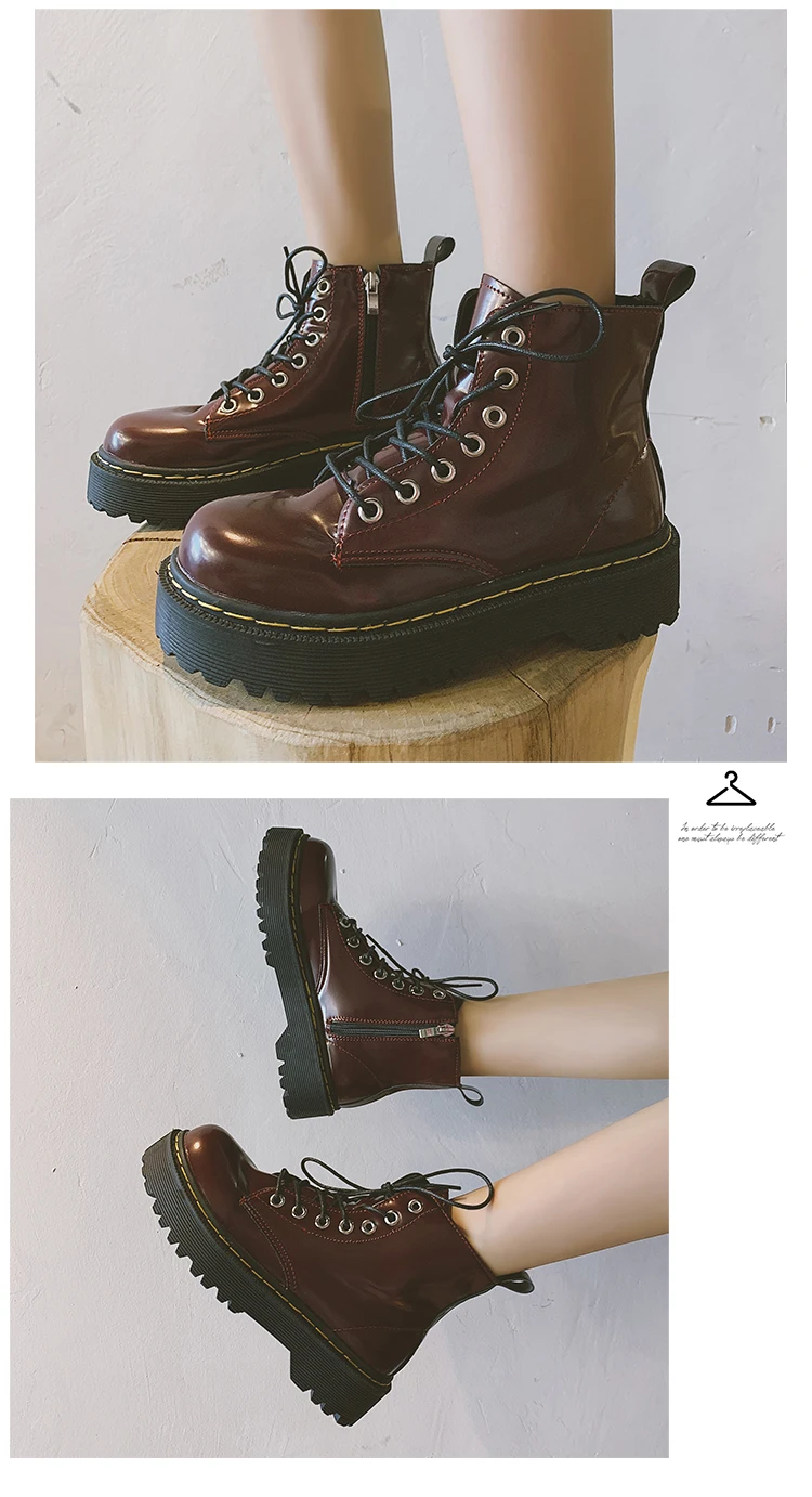 LMCAVASUN New Black Combat Boots Women Leather Platform Boots Martin Punk Ankle Boots Women Shoes Zip Lace Up Casual Botas Mujer