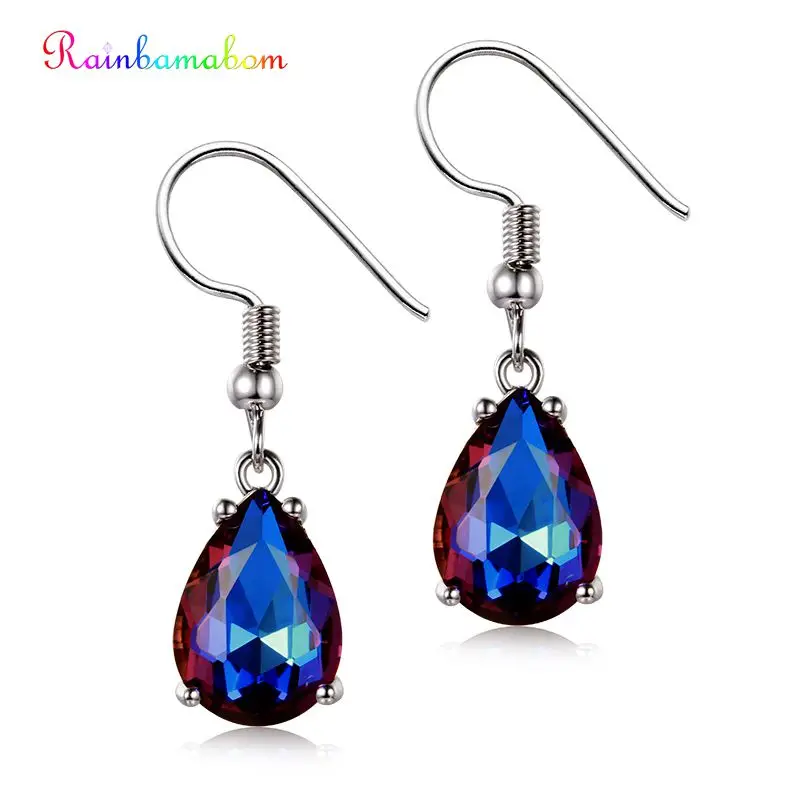 Rainbamabom Vintage 925 Sterling Silver Pear Drop Mystic Rainbow Topaz Gemstone Dangle Earrings Fine Jewelry Gift Wholesale | Украшения и
