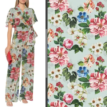 

BLue big flower print soft chiffon fabric thin chiffon fabric cloth for summer dress,women DIY clothing patchwork material tissu