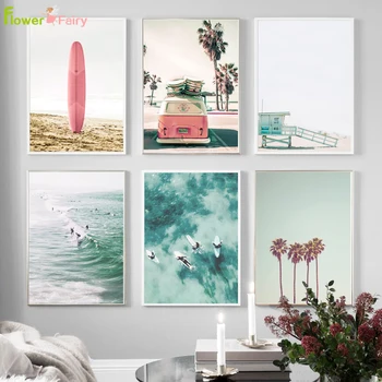 

Seascape Seaside Surfing Wall Art Canvas Painting Surfboard Bus Nordic Poster Beach Wall Pictures For Living Room Unframed