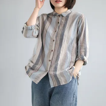 

The new cotton and linen shirt women's texture vertical striped lapel long sleeve loose and thin