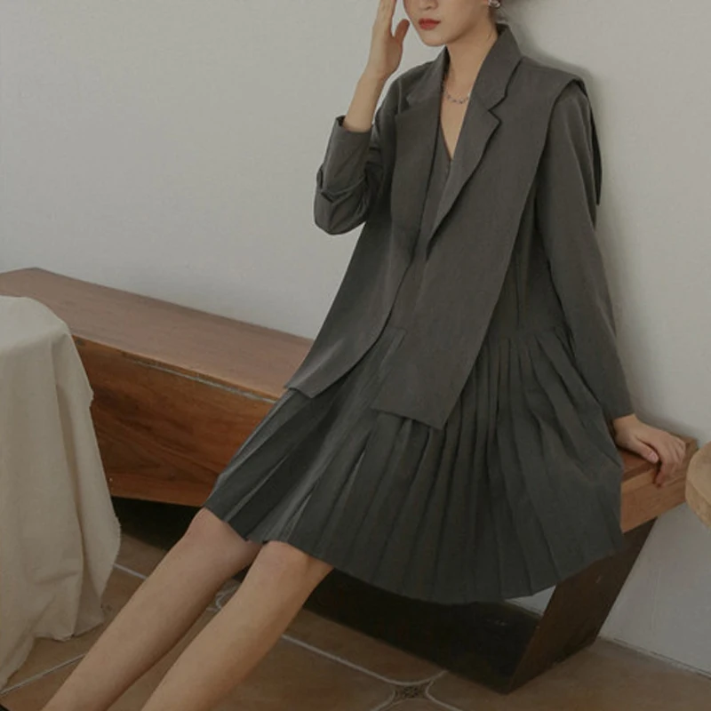 

Retro Fashion Ladies Casual chillness spliced notched Dress Long sleeve Vintange Pleated office lady minorit design gray