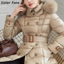 

Sister Fara Winter Real Fur Collar European Down Jacket Women Mid-Length Parka Jackets Female Thick Belt Slim Padded Hooded Coat