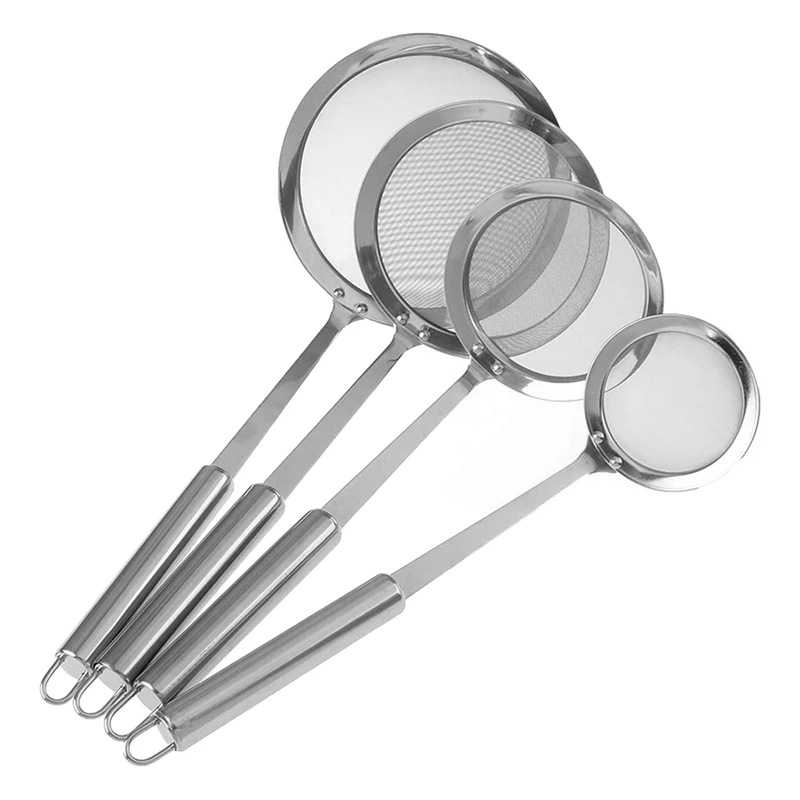 4 Pcs Stainless Steel Kitchen Colander Sieve with Long Handle Fine Mesh Strainers for Cooking Baking Flour | Дом и сад