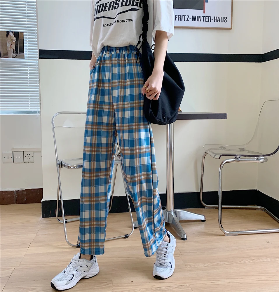 Women Pants Pencil Plaid High Waist Pocket Korean Style Checkered  Ankle-Length | eBay