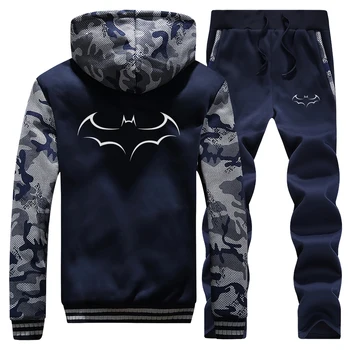 

Tracksuit men Fleece Coat Set 2019 Warm Outerwear Batman print Homme Thick Jacket+Pants Sportswear tracksuit Top And Pants
