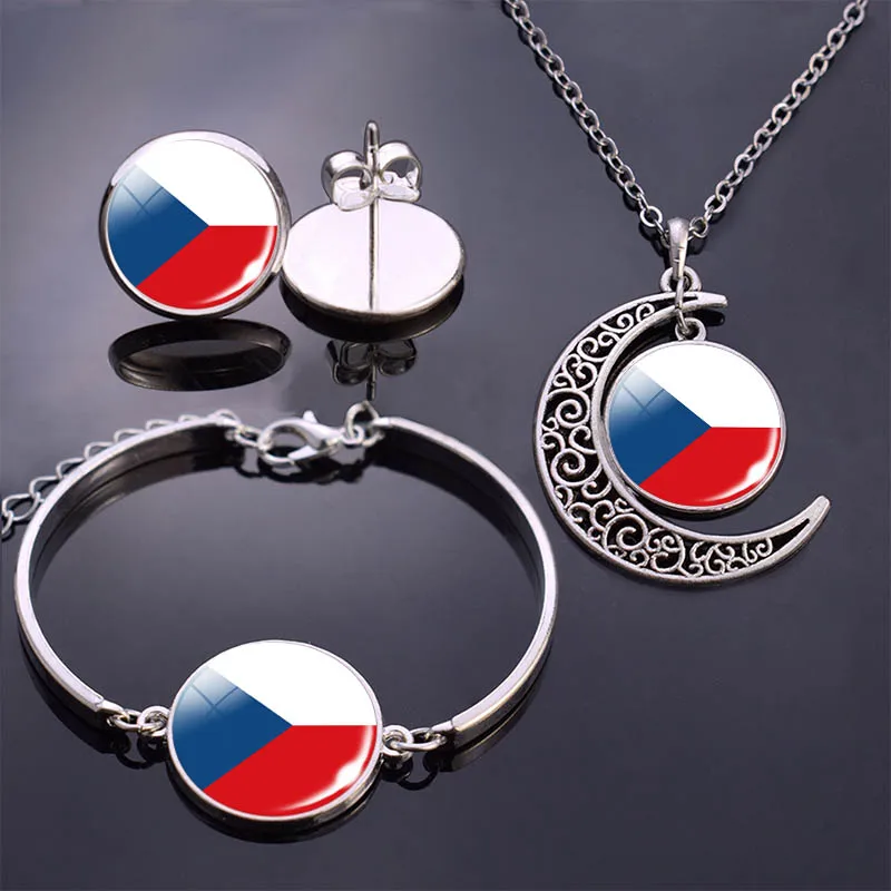 

Bracelet Necklace Earrings Jewelry Set Czech Republic Flag Glass Cabochon Stud Earrings Bracelet Moon Necklace for Women Gifts