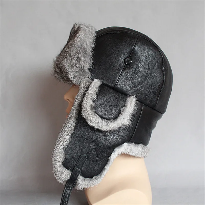 Free Shipping 2022 Real Russian Rabbit Fur Leather Bomber Hat Men