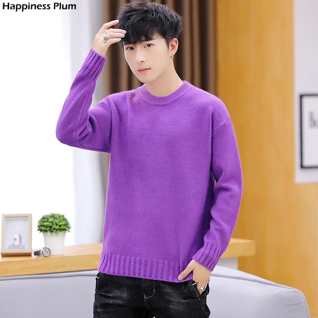 Long Sleeve Sweater Men Winter White Yellow Red Purple Khaki Black Blue  O-Neck Solid Thick Pullovers Casual Mens Sweaters - AliExpress