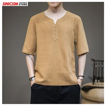 

Sinicism Store 2020 Men Cotton Linen V-Neck TShirts Men's Short Sleeve Summer TShirts Male Solid Clothing Chinese Style Tees