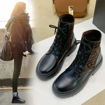 Martin boots women 2020 spring and autumn new wild women #8217 s shoes lace-up motorcycle boots British style short boots ins tanie i dobre opinie OUSHILUO Mid-Calf Turned-over Edge Solid Adult Square heel Riding Equestrian Cotton Fabric Round Toe Winter Rubber Low (1cm-3cm)