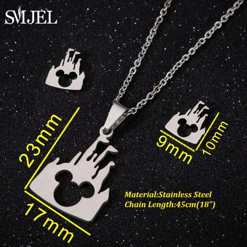 Silver Set SMJEL, колье из нержавеющей стали с перьями для женщин, золотой ювелирный набор, милые серьги с Микки-котом, колье, ожерелья, рождественское ювелирное изделие - Окраска металла: Silver Set