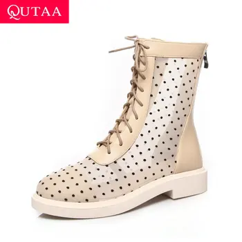 

QUTAA 2020 Polka Dot Mesh PU Leather Mid Calf Boots Square Heel Women Shoes Round Toe Lace Up Zipper Ladies Pumps Big Size 34-43