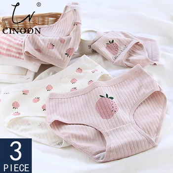 

CINOON 3Pcs/lot Cotton Panties Women Striped Underwear Strawberry pattern Underpants Female Lingerie Low Rise Girls Soft Panty