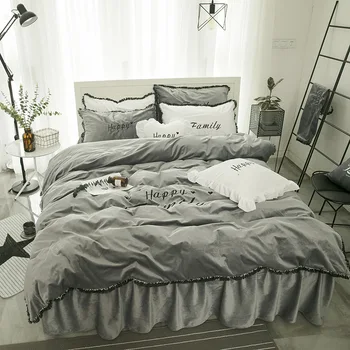 

Korean Style Solid Color Quilt Cover Pillowcase Bed Sheet Embroidered Super Soft Thick Thermal Bedding 4Pcs Set