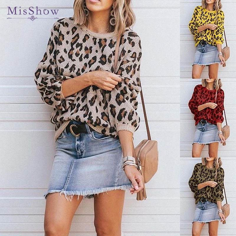 

2019 New Arrival Leopard Printed Sweater Woman Fashion Female Casual O-Neck Knitted Sweater Solid Pullover Knitwear Tops Autumn
