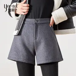 YERAD, зимние шерстяные широкие шорты с высокой талией, женские повседневные свободные плотные короткие штаны, элегантные офисные женские