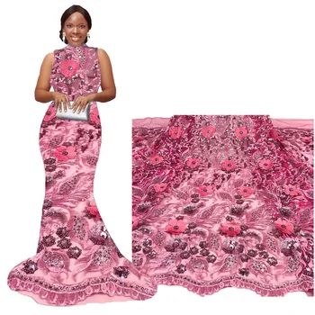 

High Quality 3D Flower French Lace Material 2020 Baby Pink 3D Lace Fabric African Dress Materials for Wedding Parties