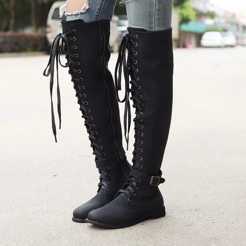

Thigh High Boots Women Winter Leather High Heels Lace Up Female Over The Knee Boot Plus Size Women Shoes