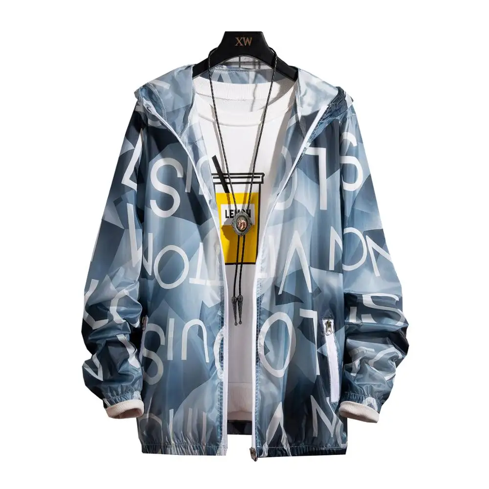 

Men Summer Harajuku UV Sun Protection Clothing Student Male Outdoor Thin Hooded Print Loose Top Outwear Jackets Coat Streetwear